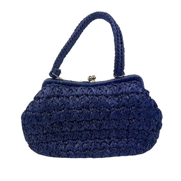 Navy Straw Handbag with Silver Hardware - Picture 3 of 5